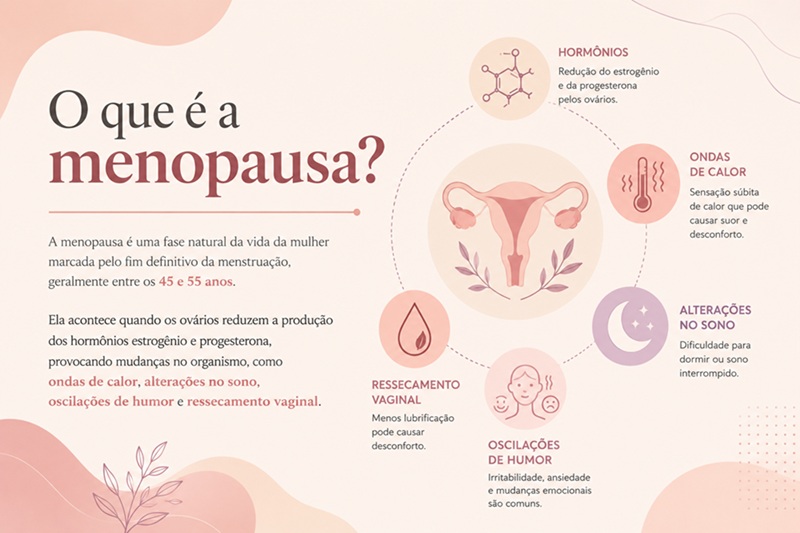 Infográfico sobre menopausa: núcleo com útero cercado por ícones e setas explicando hormônios, ondas de calor, sono, humor e ressecamento vaginal.