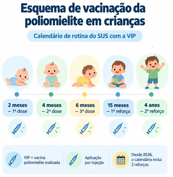 Infográfico em português mostrando o esquema de vacinação da poliomielite: idades 2, 4, 6 meses, 15 meses e 4 anos com doses e reforços.