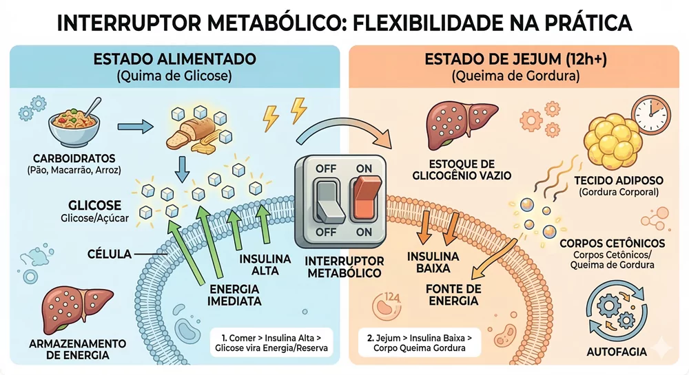 Um infográfico moderno e didático dividido em duas colunas. A coluna da esquerda, em tons de azul, mostra o "Estado Alimentado", ilustrando carboidratos se transformando em glicose que entra na célula com a ajuda da insulina alta para gerar energia imediata. A coluna da direita, em tons de laranja, mostra o "Estado de Jejum (12h+)", ilustrando o estoque de glicogênio vazio e o tecido adiposo (gordura) sendo queimado e liberando corpos cetônicos como fonte de energia, com a insulina baixa. No centro, um ícone de interruptor simboliza a mudança do modo "glicose" para o modo "gordura".