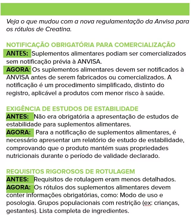 Infográfico em português apresentando as novas regulamentações da Anvisa para rótulos de creatina, com títulos em verde e blocos 'ANTES' e 'AGORA' sobre comercialização, estudos de estabilidade e requisitos de rotulagem.