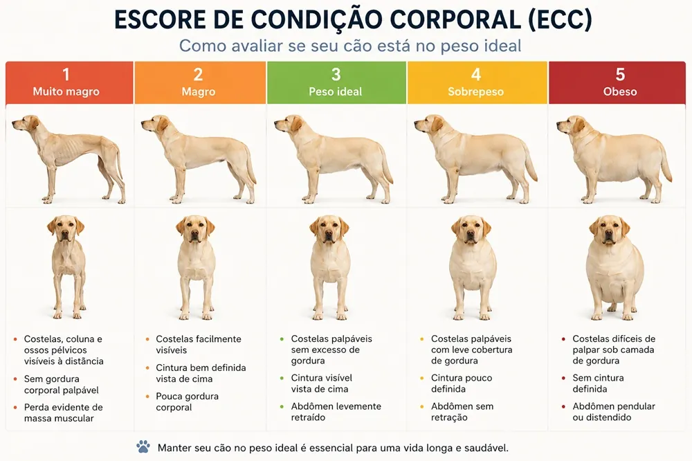 escore de condição corporal_2 - MinhaSaúde Infographic showing dog body condition score (ECC) from 1 to 5 with corresponding images and brief notes.