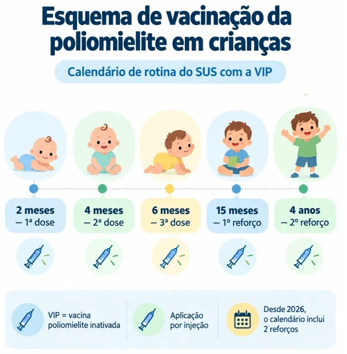 vacina_poliomelite_2 - MinhaSaúde Infográfico em português mostrando o esquema de vacinação da poliomielite: idades 2, 4, 6 meses, 15 meses e 4 anos com doses e reforços.